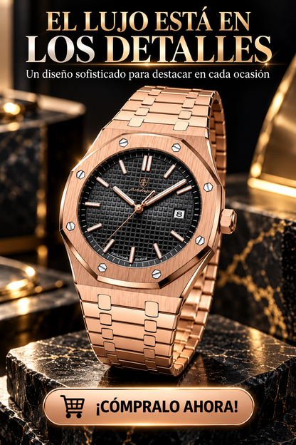 RELOJ DE LUJO ORO ROSA-ESFERA NEGRA TEXTURIZADA Y BISEL OCTAGONAL