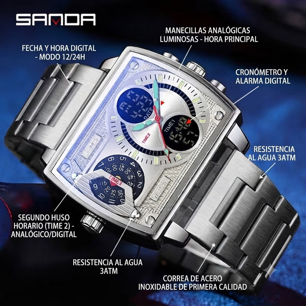 RELOJ ANALOGICO-DISEÑO CUADRADO PREMIUM CON DOBLE PANTALLA, DESTACA SIN DECIR NADA