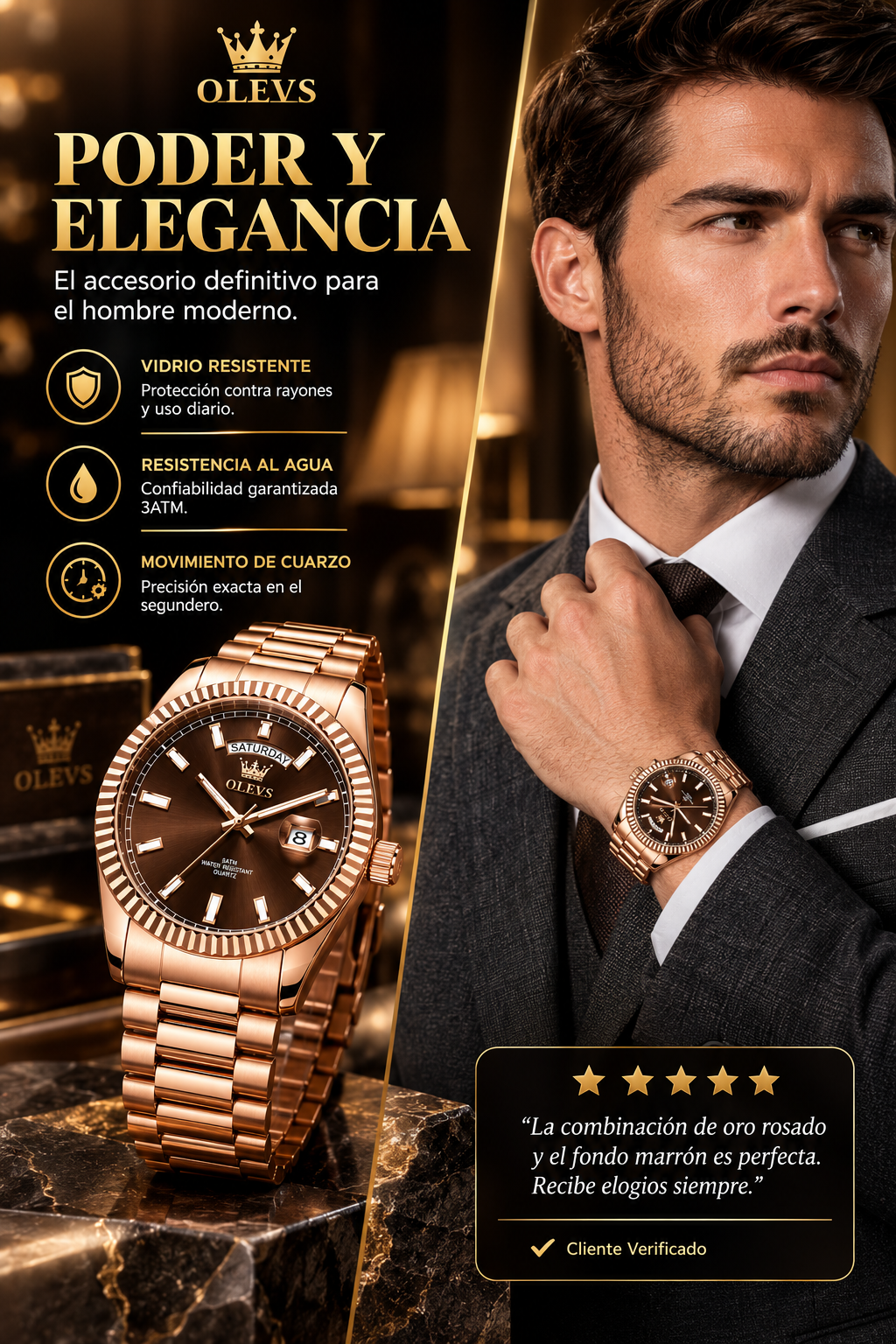 RELOJ PARA HOMBRE BAÑADO EN ORO ROSA-EL PODER DEL TIEMPO EN TUS MANOS