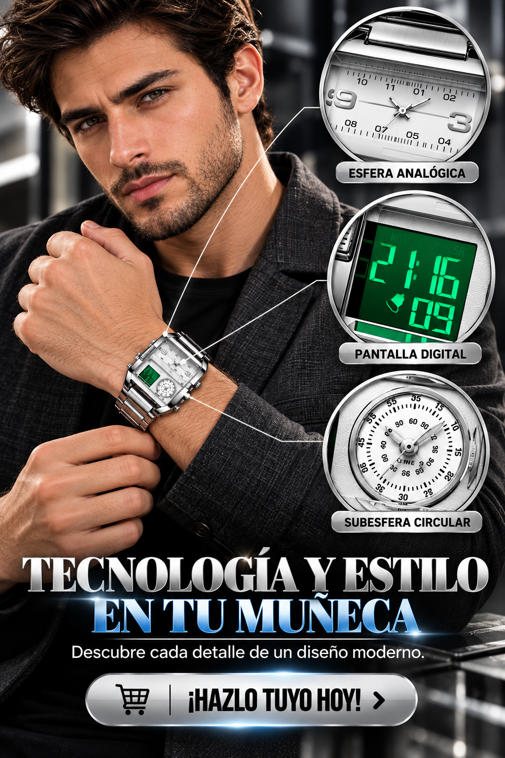 RELOJ DIGITAL PLATEADO CON DISEÑO FUTURISTA