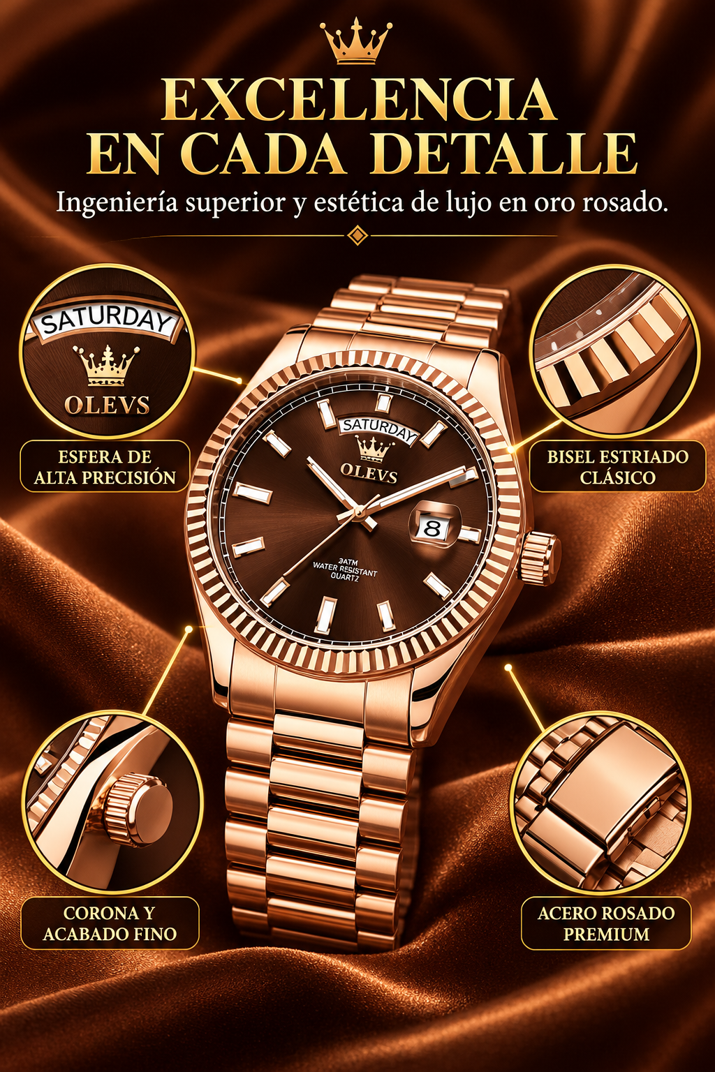 RELOJ PARA HOMBRE BAÑADO EN ORO ROSA-EL PODER DEL TIEMPO EN TUS MANOS