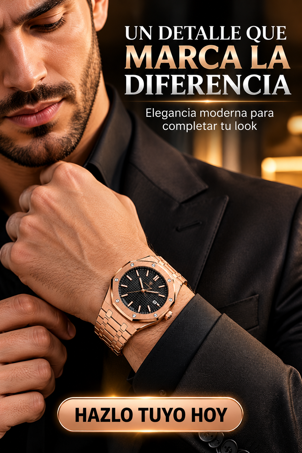 RELOJ DE LUJO ORO ROSA-ESFERA NEGRA TEXTURIZADA Y BISEL OCTAGONAL