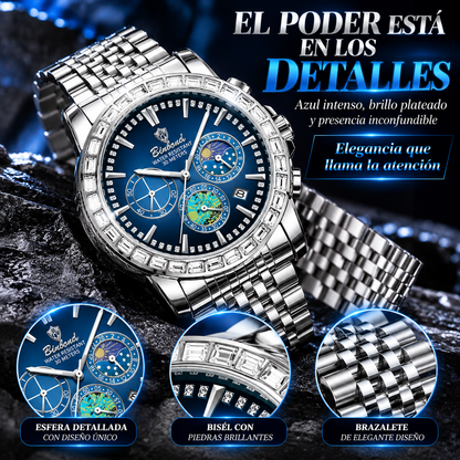 RELOJ PLATEADO CON ESFERA AZUL Y BISEL BRILLANTE