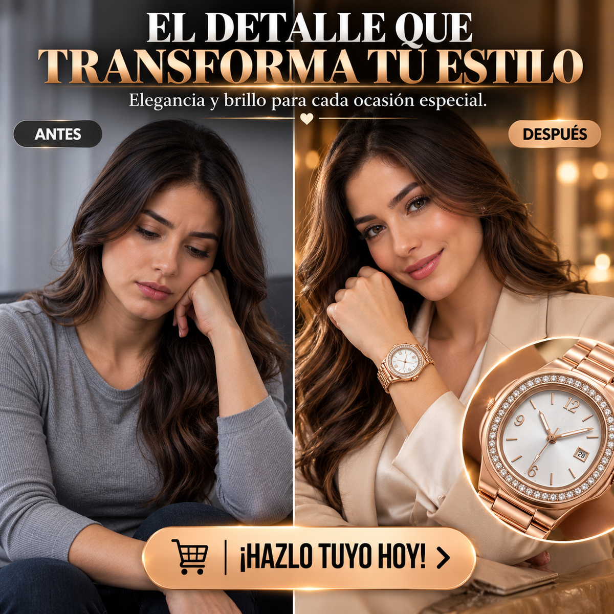 RELOJ FEMENINO ORO ROSA CON BRILLO ELEGANTE Y ESFERA BLANCA