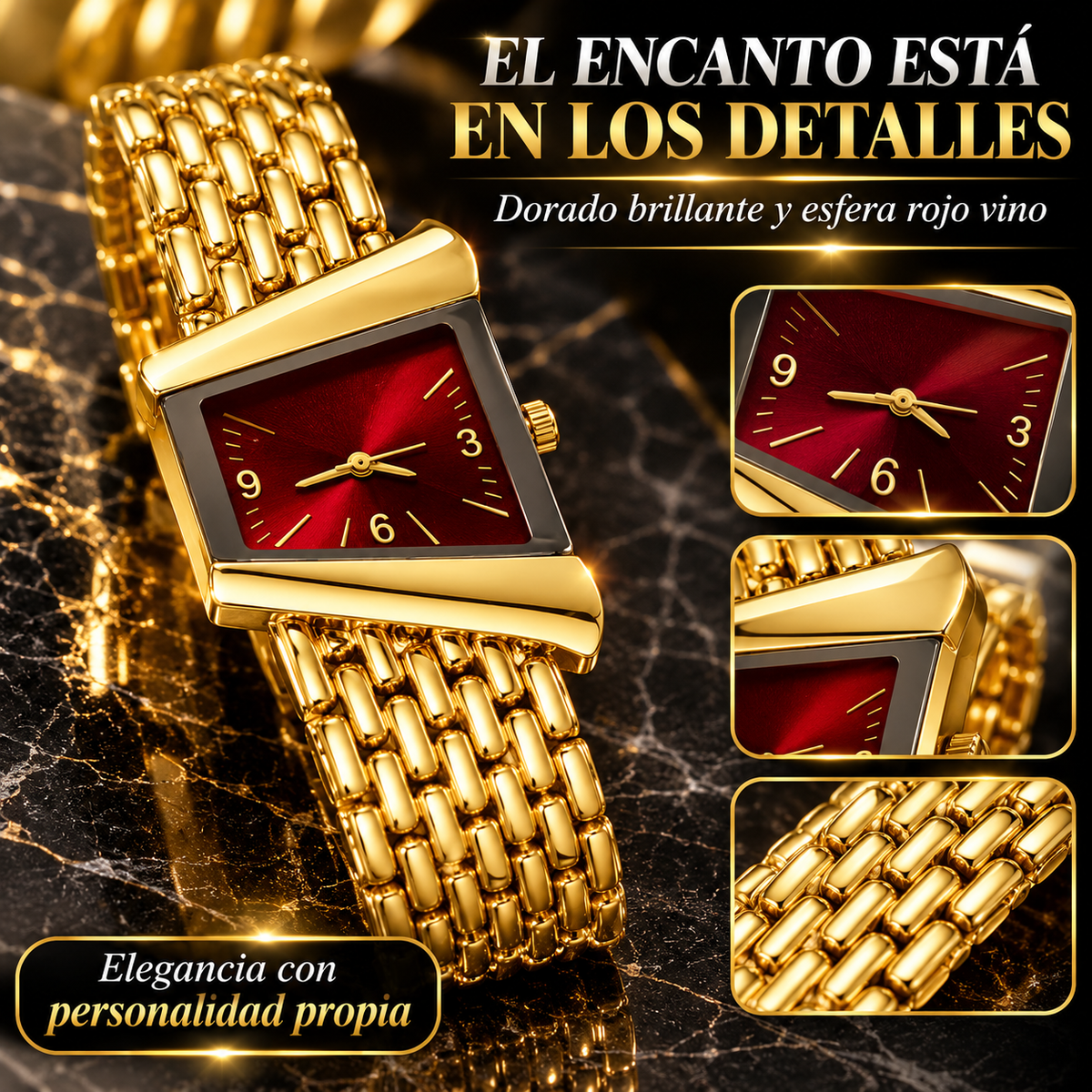 RELOJ DORADO CON ESFERA ROJA Y DISEÑO EXCLUSIVO