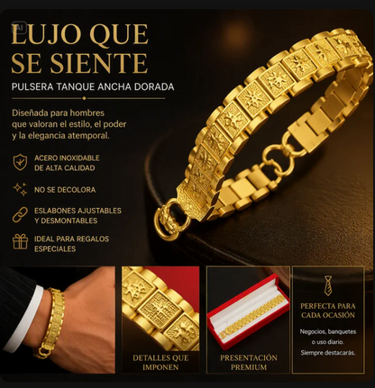 PULSERA DE TANQUE ANCHA DORADA DE LUJO PARA HOMBRE