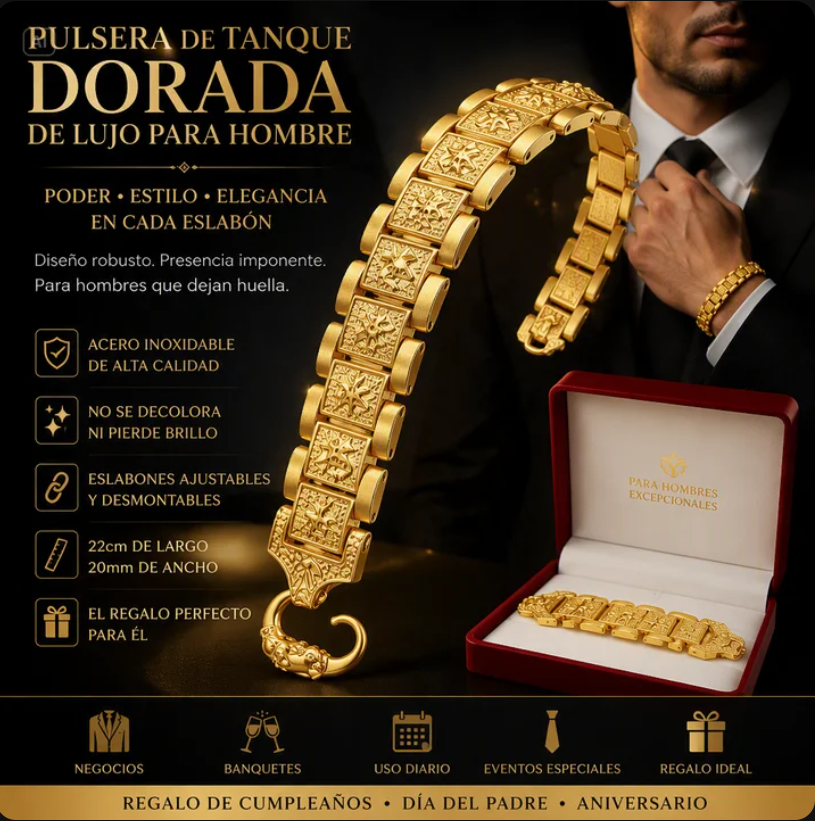 PULSERA DE TANQUE ANCHA DORADA DE LUJO PARA HOMBRE