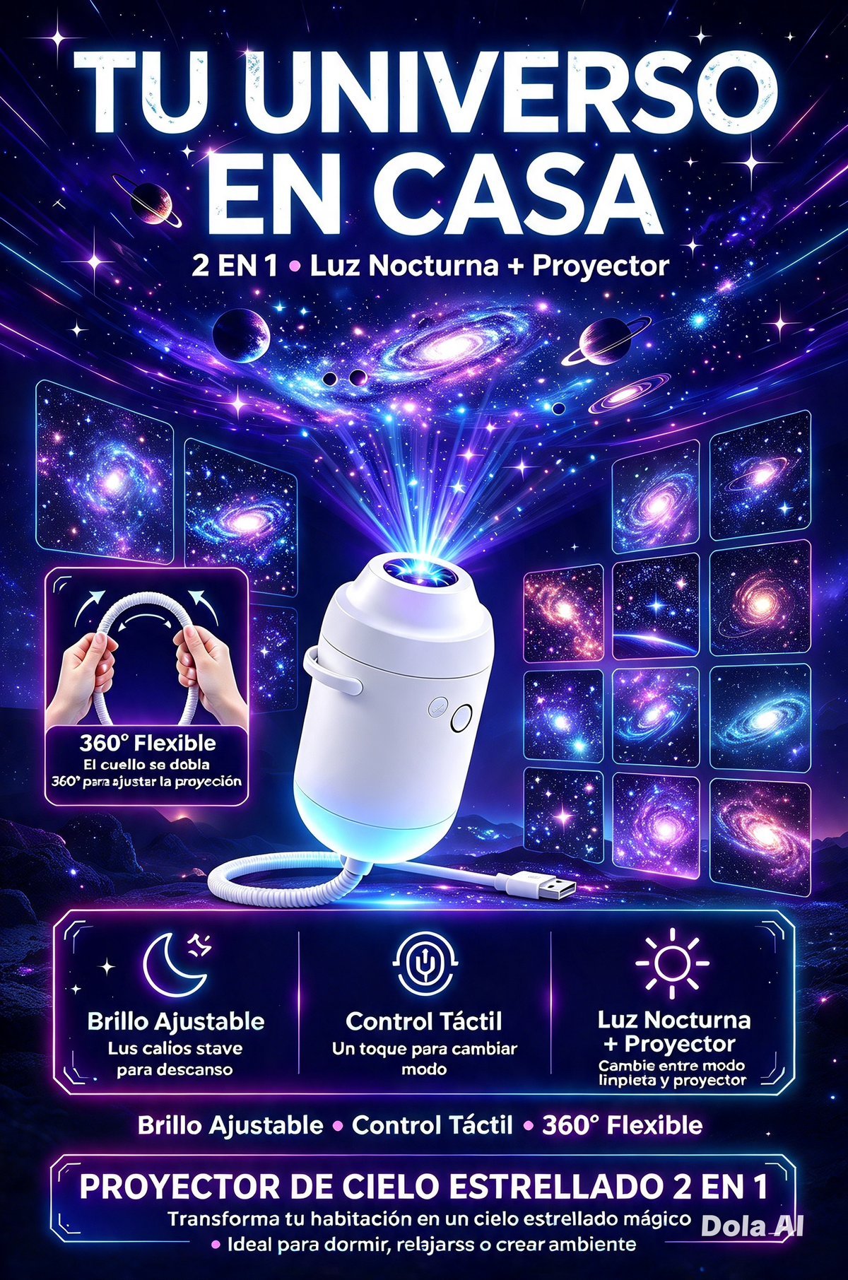 LÁMPARA PROYECTORA DE CIELO ESTRELLADO 2 EN 1 CON LUZ NOCTURNA, BRILLO AJUSTABLE