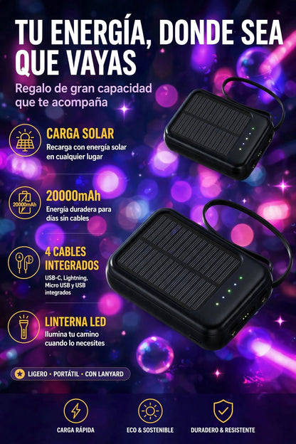 BATERÍA EXTERNA SOLAR DE 20000MA CON CARGA RÁPIDA Y CABLE INCLUIDO