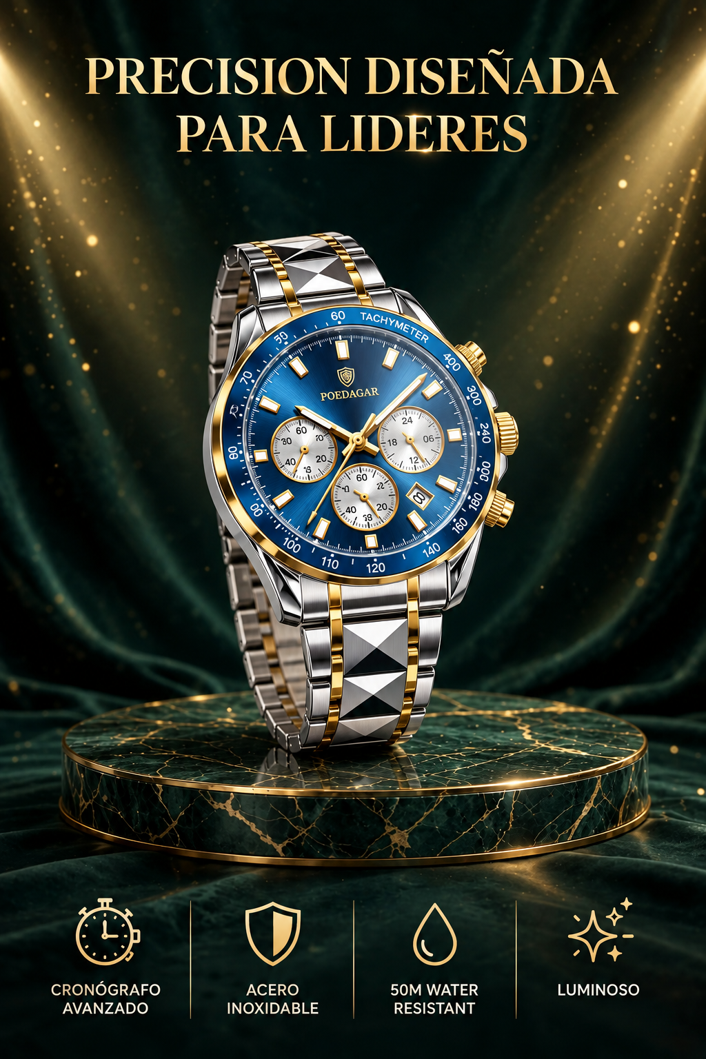 RELOJ DE HOMBRE ELEGANTE Y DEPORTIVO CON CRONÓGRAFO, FECHA, FUNCIÓN LUMINOSA Y DISEÑO