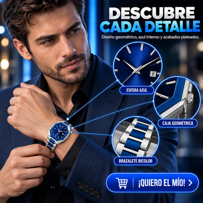 RELOJ BICOLOR PLATEADO Y AZUL CON DISEÑO OCTAGONAL
