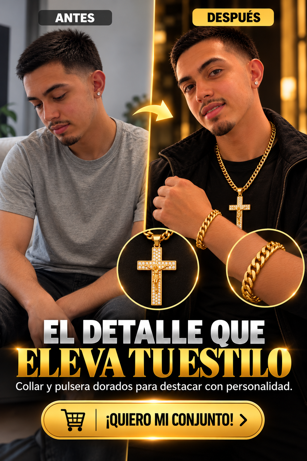 COLLAR DORADO CON CRUZ BRILLANTE Y PULSERA DE ESLABONES GRUESOS