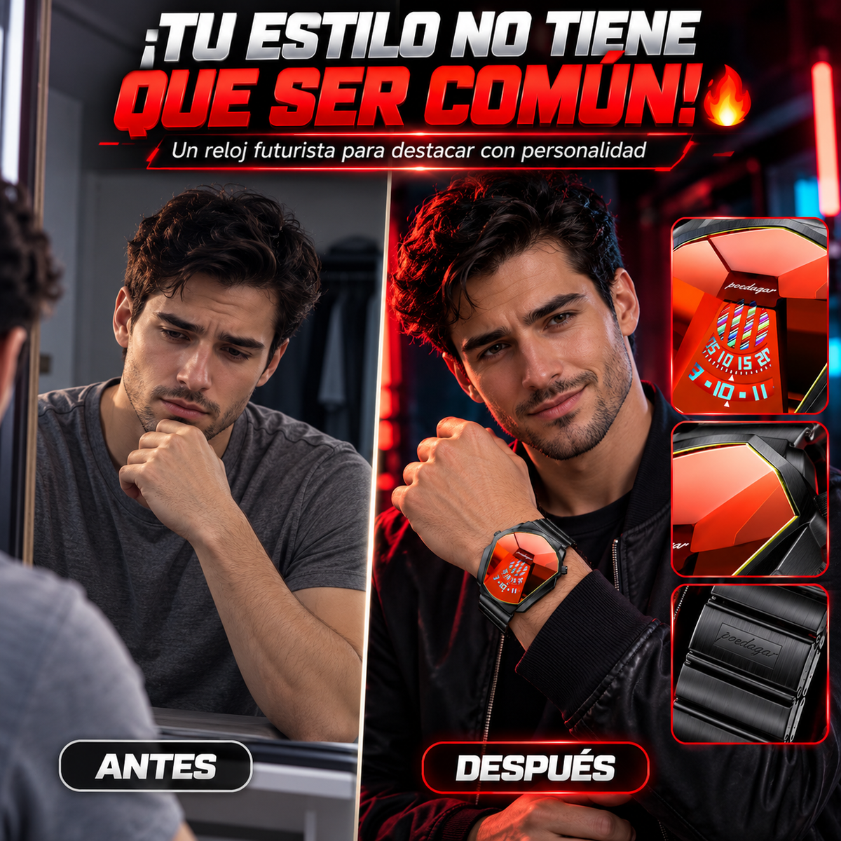 RELOJ FUTURISTA NEGRO CON ESFERA ROJA Y DISEÑO EXCLUSIVO