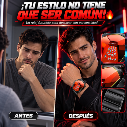 RELOJ FUTURISTA NEGRO CON ESFERA ROJA Y DISEÑO EXCLUSIVO