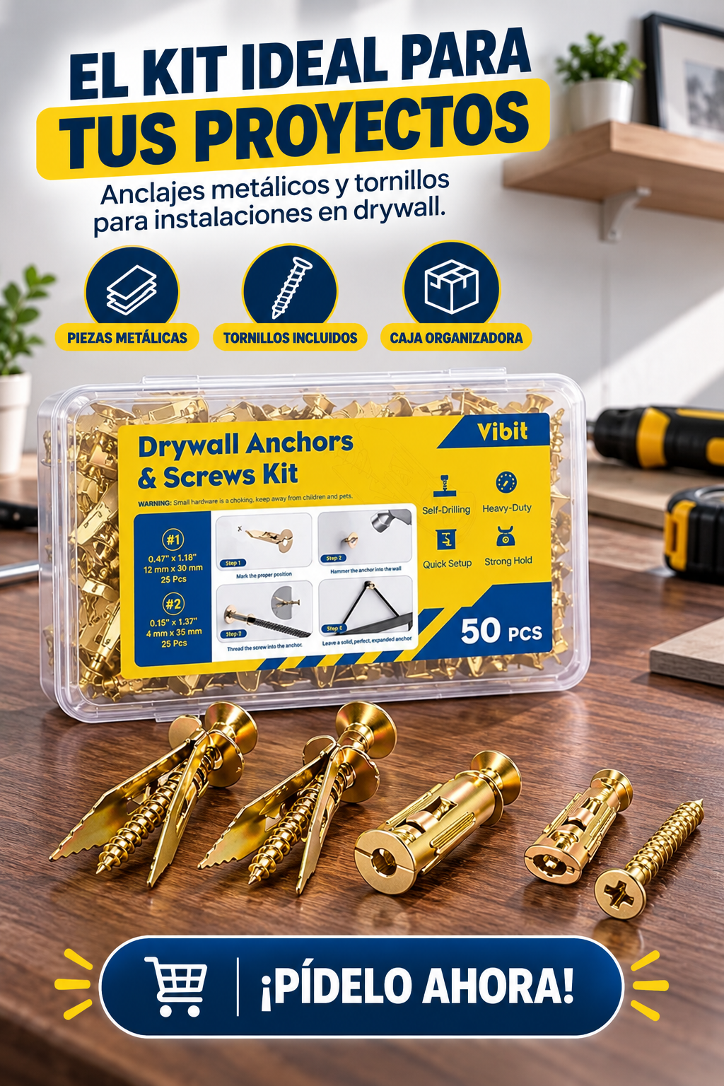 KIT DE 50 PIEZAS DE ANCLAJES METÁLICOS CON TORNILLOS, IDEAL PARA FACILITAR LA INSTALACIÓN