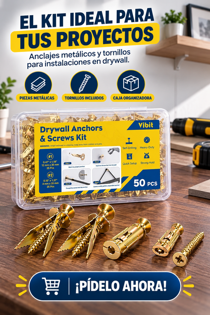 KIT DE 50 PIEZAS DE ANCLAJES METÁLICOS CON TORNILLOS, IDEAL PARA FACILITAR LA INSTALACIÓN
