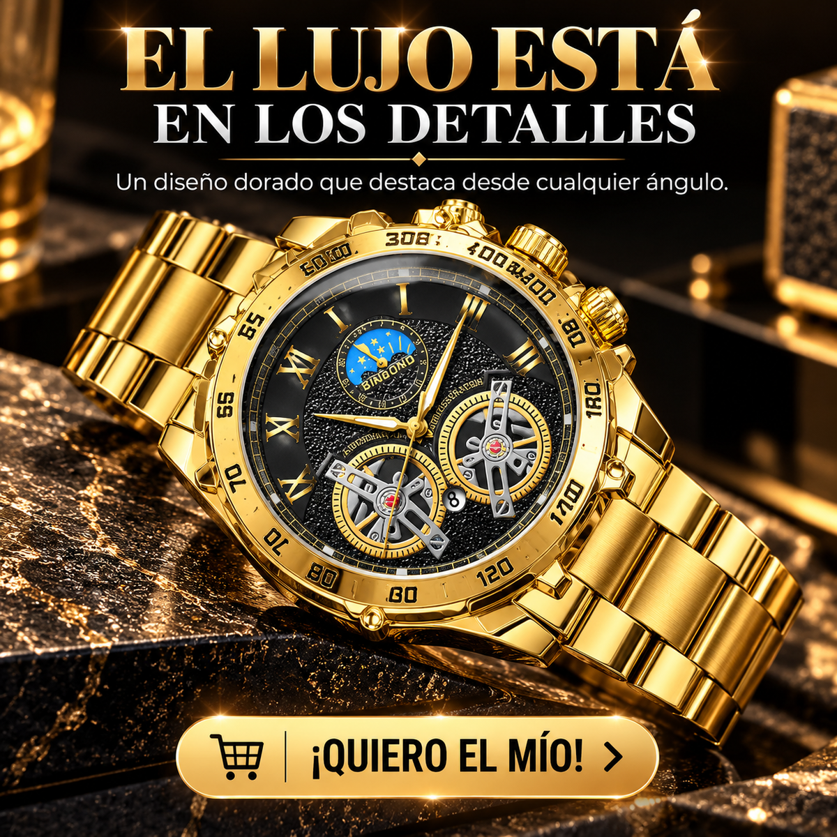 RELOJ DORADO DEPORTIVO CON ESFERA NEGRA IMPONENTE