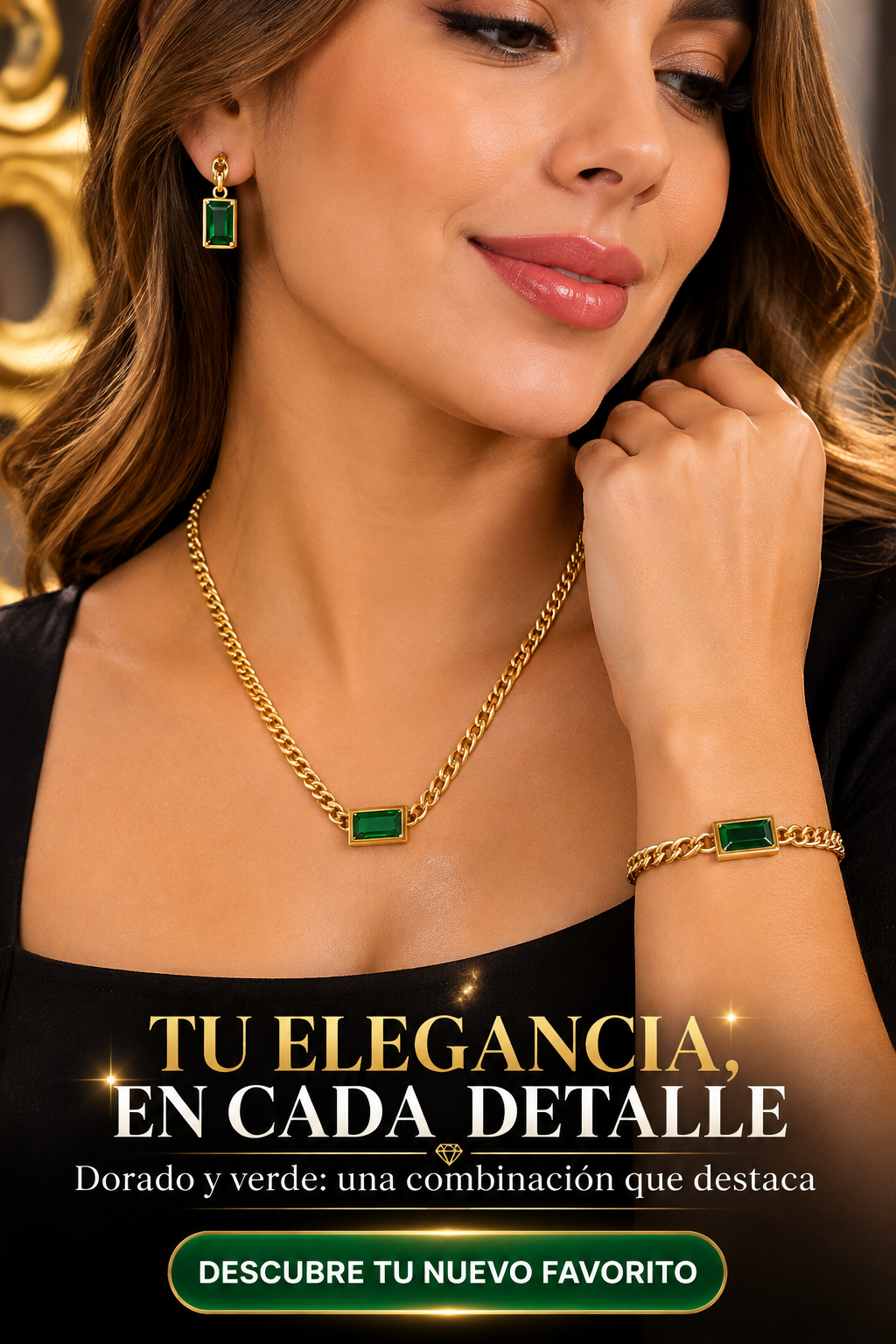 JOYERÍA DORADA VERDES-DORADO, PIEDRAS VERDES Y UN DISEÑO SOFISTICADO