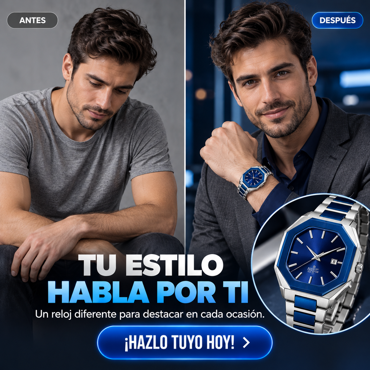 RELOJ BICOLOR PLATEADO Y AZUL CON DISEÑO OCTAGONAL