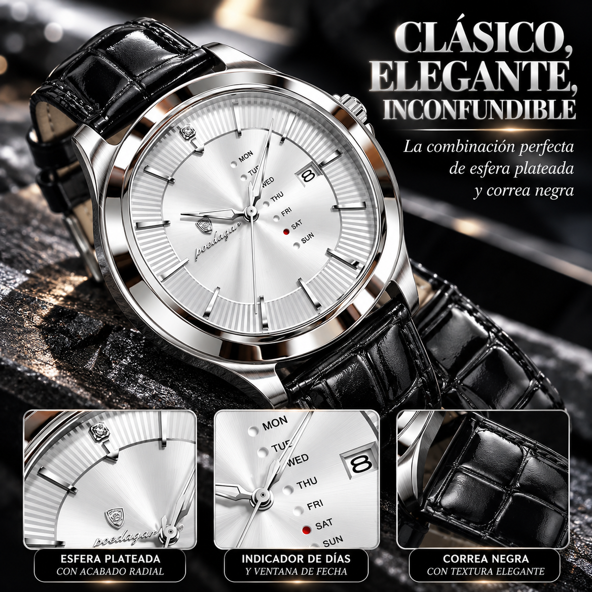 RELOJ ELEGANTE PLATEADO CON CORREA NEGRA Y ESFERA SOFISTICADA