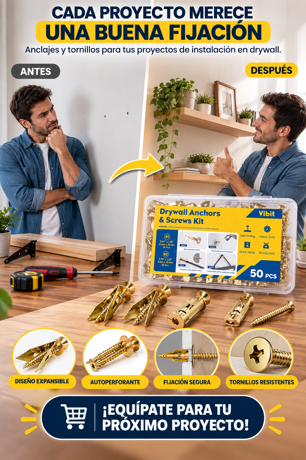 KIT DE 50 PIEZAS DE ANCLAJES METÁLICOS CON TORNILLOS, IDEAL PARA FACILITAR LA INSTALACIÓN