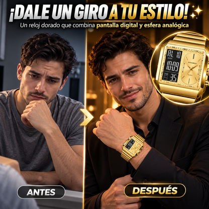 RELOJ DIGITAL DORADO CON DOBLE PANTALLA Y ESTILO RETRO