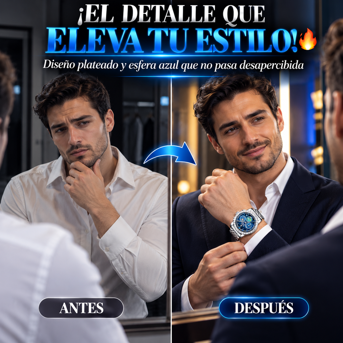 RELOJ PLATEADO CON ESFERA AZUL Y BISEL BRILLANTE