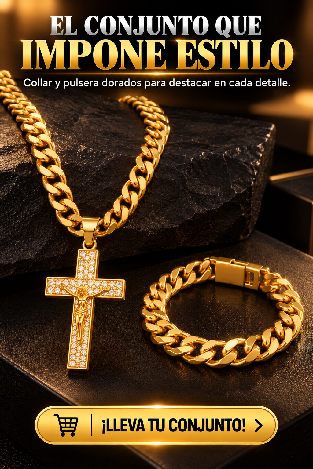 COLLAR DORADO CON CRUZ BRILLANTE Y PULSERA DE ESLABONES GRUESOS