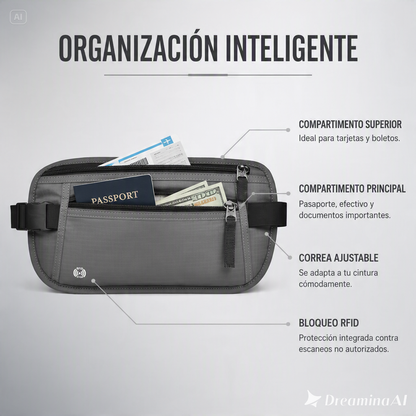 RIÑONERA DE VIAJE OCULTA-PROTECCION RFID CON MULTIPLES COMPARTIMENTOS