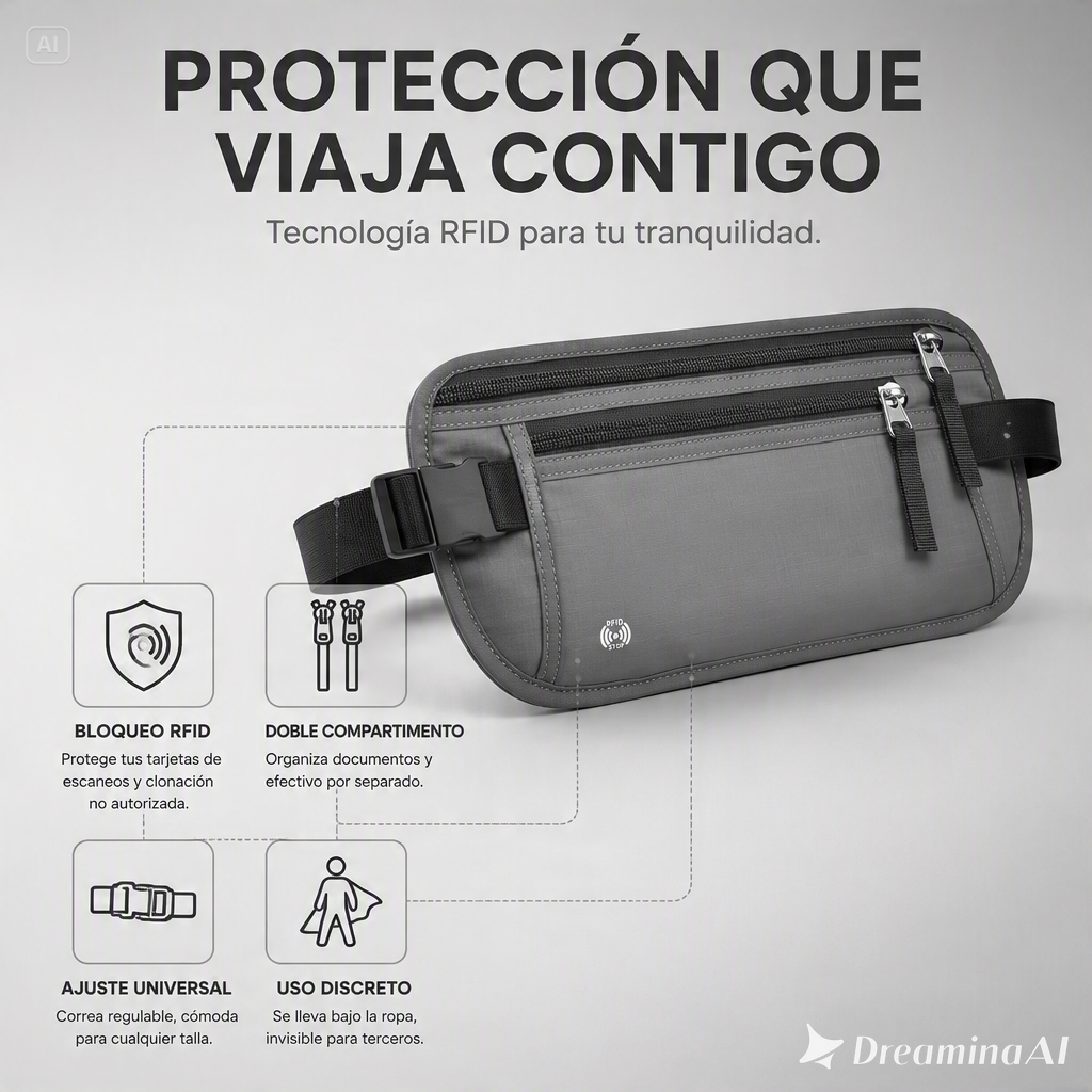 RIÑONERA DE VIAJE OCULTA-PROTECCION RFID CON MULTIPLES COMPARTIMENTOS