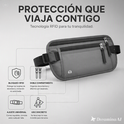 RIÑONERA DE VIAJE OCULTA-PROTECCION RFID CON MULTIPLES COMPARTIMENTOS