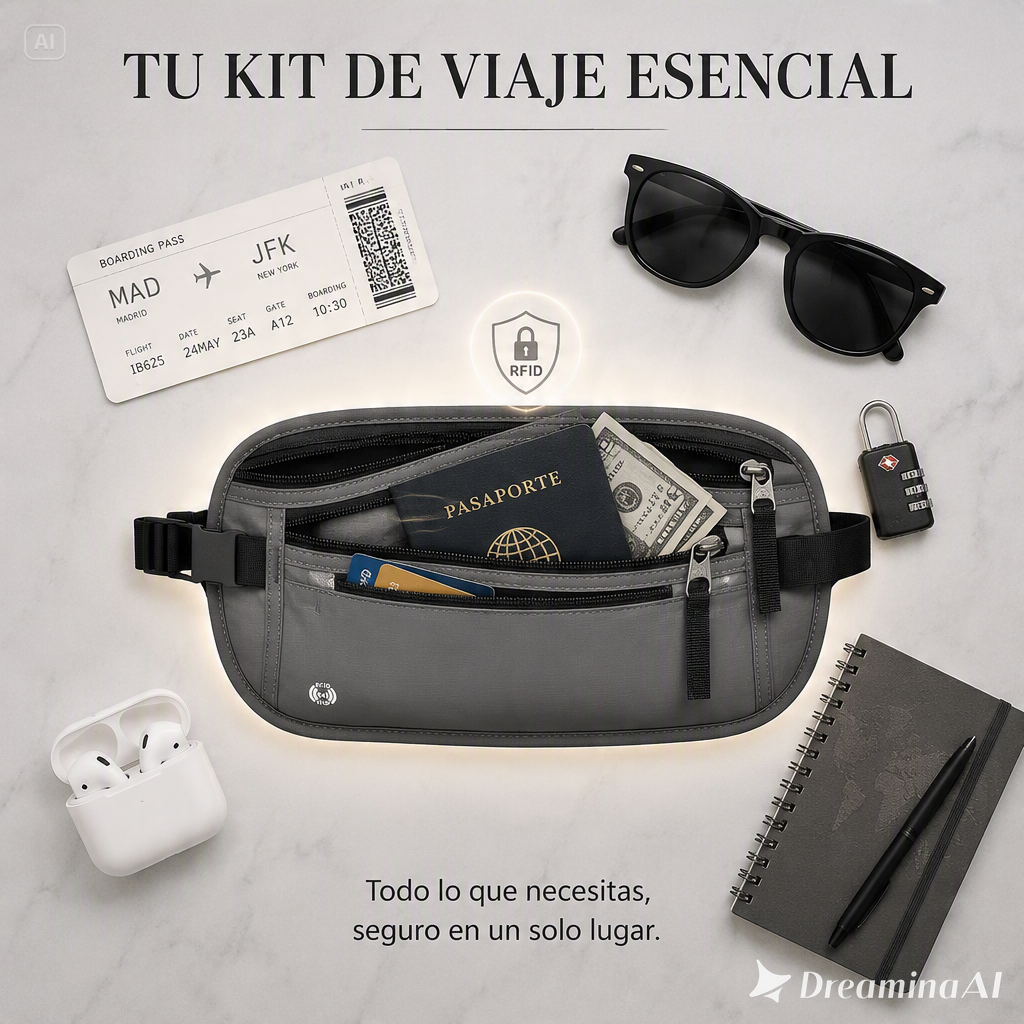 RIÑONERA DE VIAJE OCULTA-PROTECCION RFID CON MULTIPLES COMPARTIMENTOS