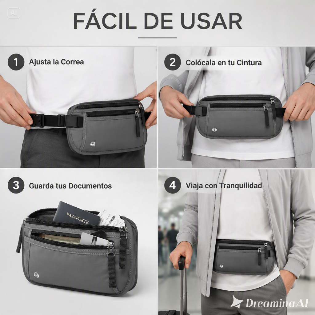 RIÑONERA DE VIAJE OCULTA-PROTECCION RFID CON MULTIPLES COMPARTIMENTOS