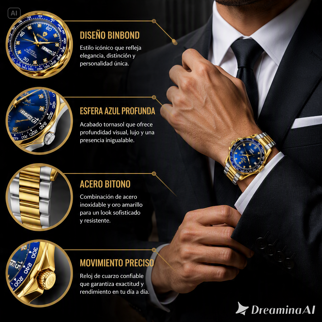 RELOJ DE LUJO BINBOND-ESFERA AZUL PROFUNDO CON ACABADOS DE LUJO