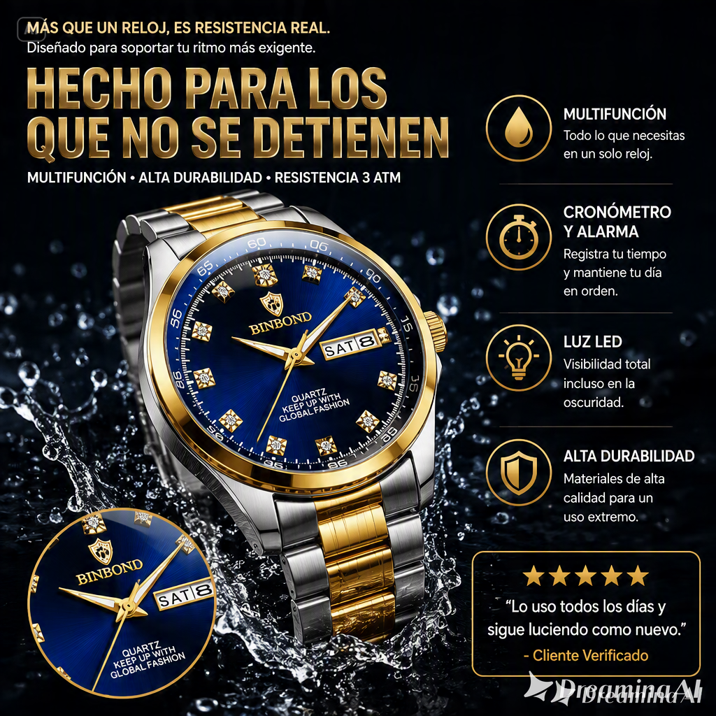 RELOJ DE LUJO BINBOND-ESFERA AZUL PROFUNDO CON ACABADOS DE LUJO