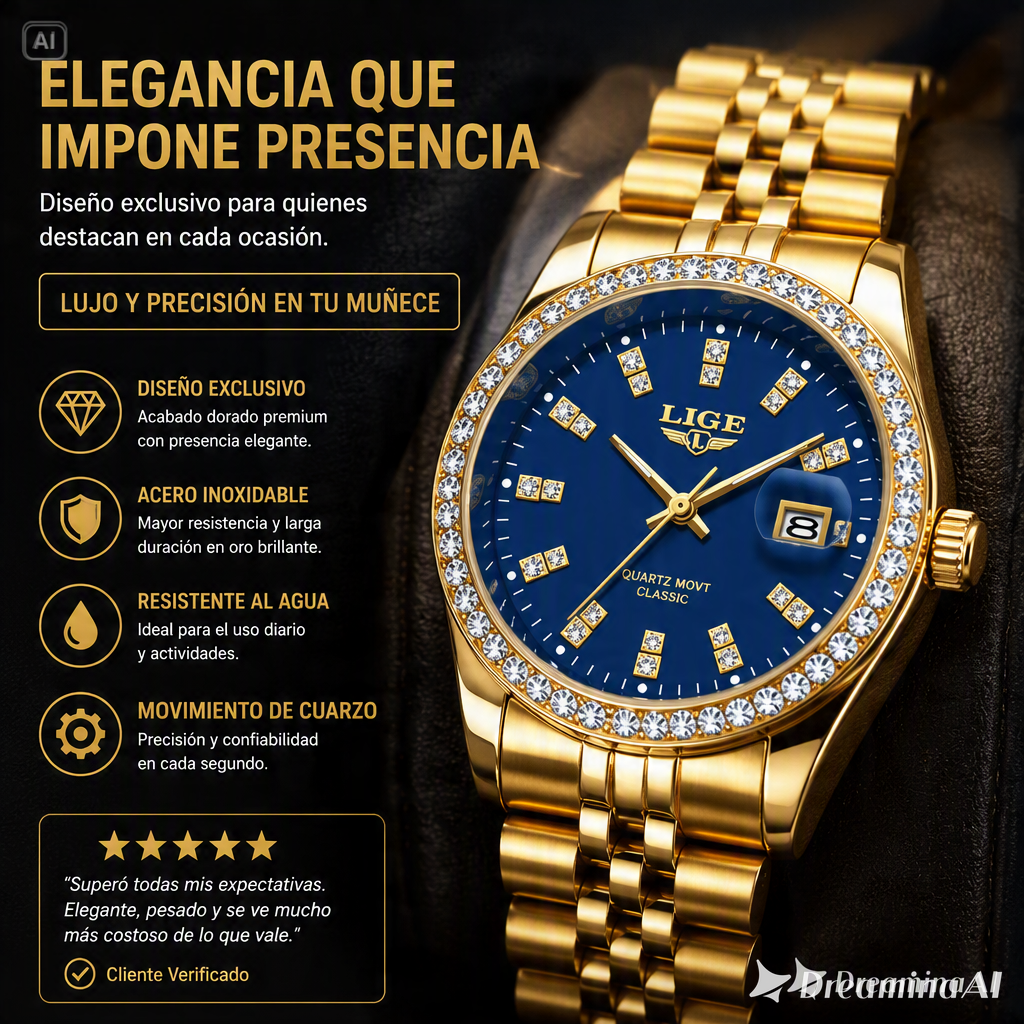 RELOJ PARA HOMBRE LIGE-COMBINACION CAUTIVADORA DE ORO CON ESFERA AZUL