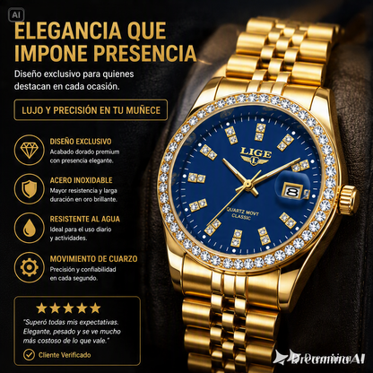 RELOJ PARA HOMBRE LIGE-COMBINACION CAUTIVADORA DE ORO CON ESFERA AZUL