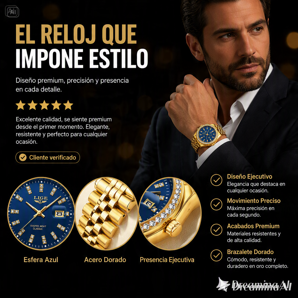 RELOJ PARA HOMBRE LIGE-COMBINACION CAUTIVADORA DE ORO CON ESFERA AZUL