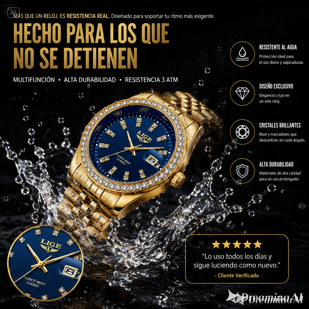 RELOJ PARA HOMBRE LIGE-COMBINACION CAUTIVADORA DE ORO CON ESFERA AZUL