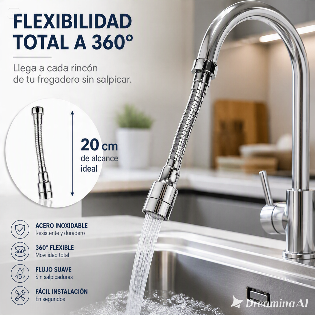 EXTENSOR DE AGUA UNIVERSAL 360-MANGUERA FLEXIBLE ANTISALPICADURA