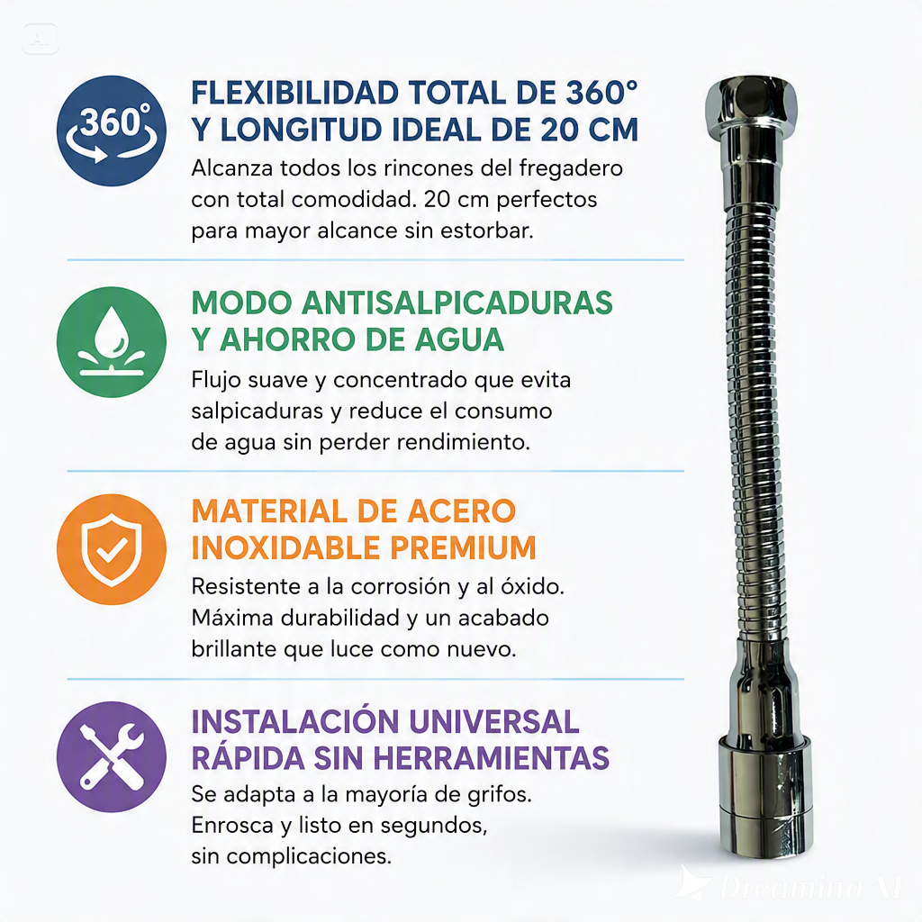 EXTENSOR DE AGUA UNIVERSAL 360-MANGUERA FLEXIBLE ANTISALPICADURA