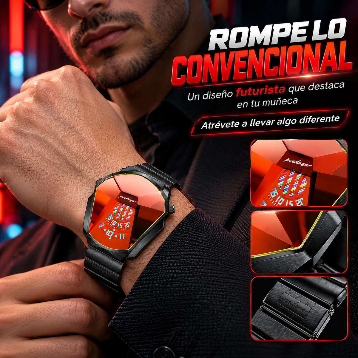 RELOJ FUTURISTA NEGRO CON ESFERA ROJA Y DISEÑO EXCLUSIVO
