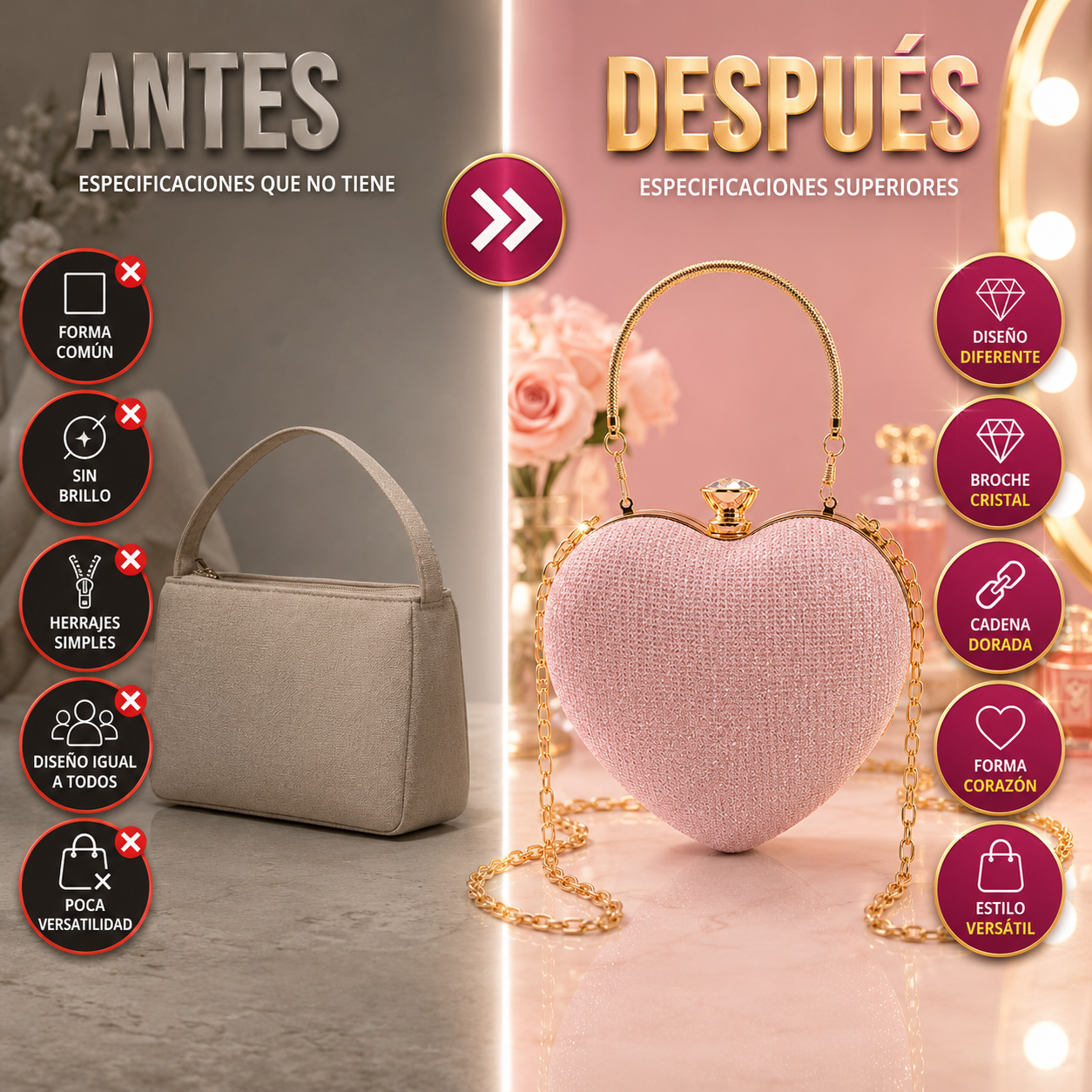 CARTERA CORAZON BRILLANTE ROSADO-UN DISEÑO EXCLUSIVO PARA NUNCA PASAR DESAPERCIBIDA