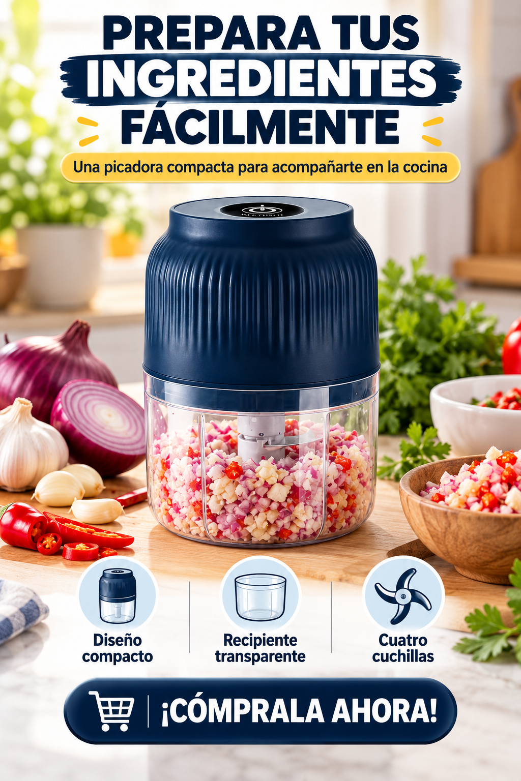 PICADORA ELÉCTRICA MULTIFUNCIONAL CON RECIPIENTE TRANSPARENTE Y CUCHILLAS PARA PICAR