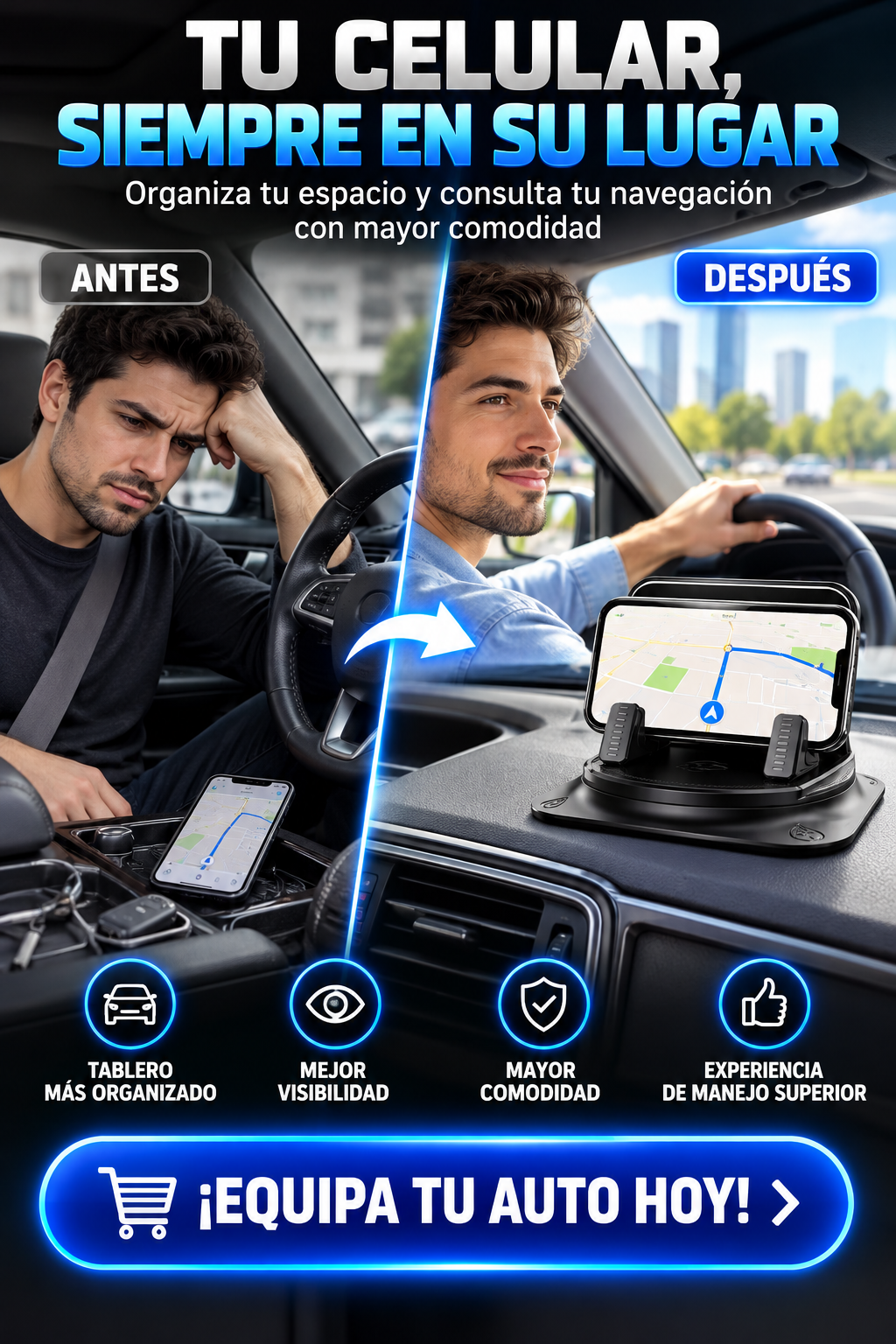 SOPORTE PARA CELULAR-BASE ADHERENTE, SUJECIÓN AJUSTABLE Y DISEÑO VERSÁTIL