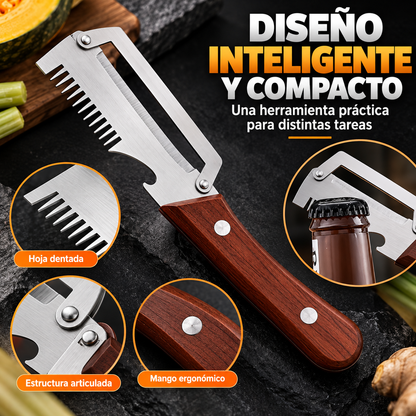 CUCHILLO DE HOJA DENTADA CON MANGO TIPO MADERA