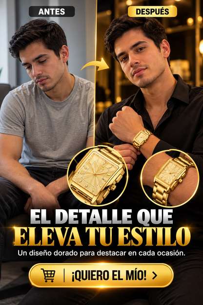 RELOJ DORADO DE LUJO CON DISEÑO CUADRADO Y ELEGANTE