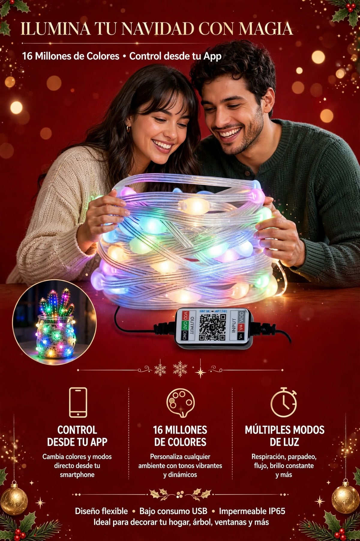 GUIRNALDA DE LUCES LED NAVIDEÑAS INTELIGENTES CON CAMBIO DE COLOR, CONTROL REMOTO Y APP MÓVIL PARA DECORAR TUS ESPACIOS