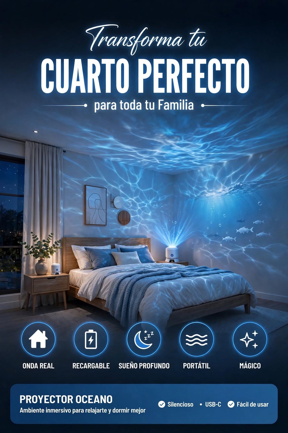 PROYECTOR LED DINÁMICO DE OCÉANO RECARGABLE PARA CREAR UN AMBIENTE RELAJANTE Y MÁGICO
