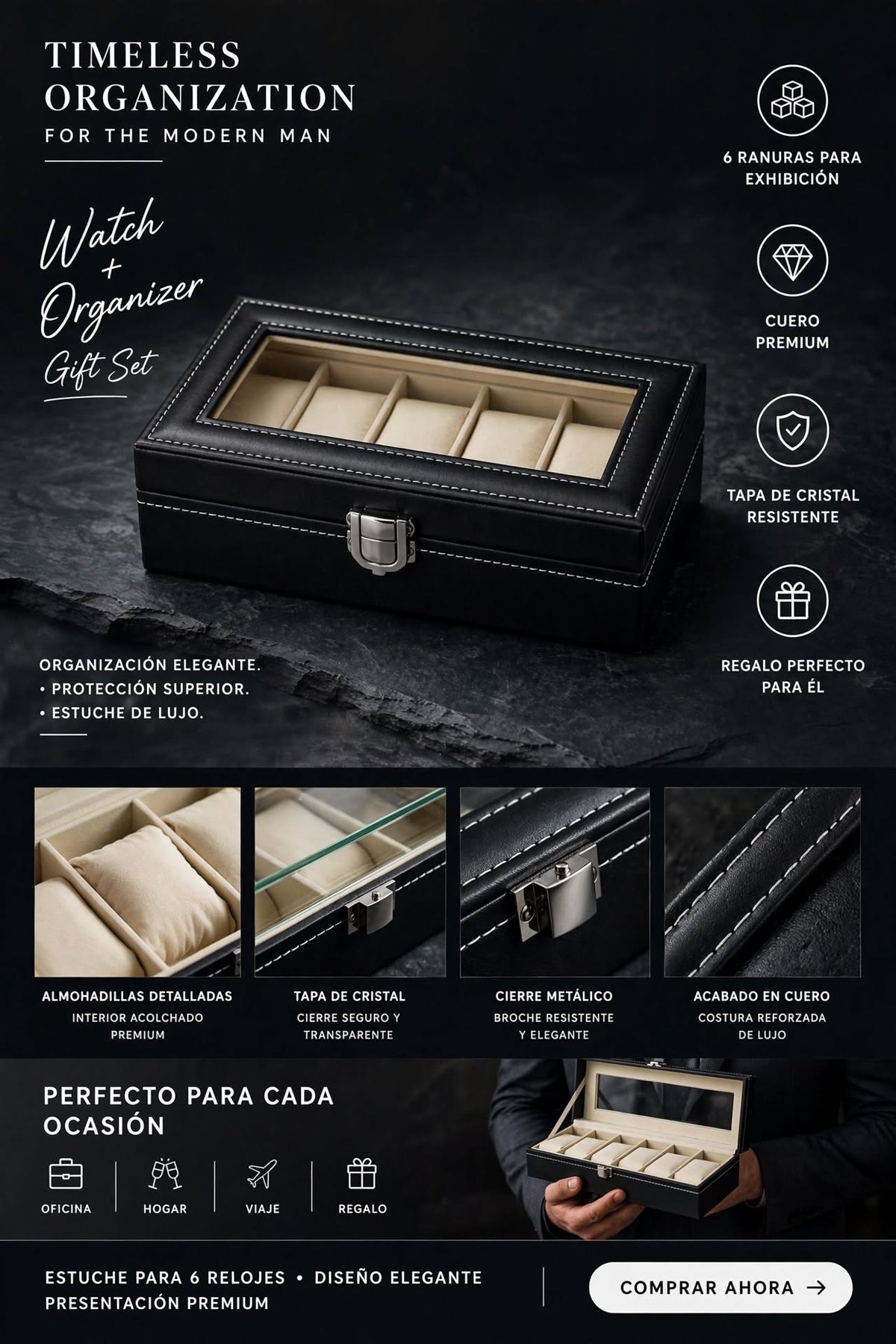 ESTUCHE ORGANIZADOR DE RELOJES DE CUERO CON TAPA DE CRISTAL Y RANURAS PARA EXHIBIR Y PROTEGER TUS RELOJES